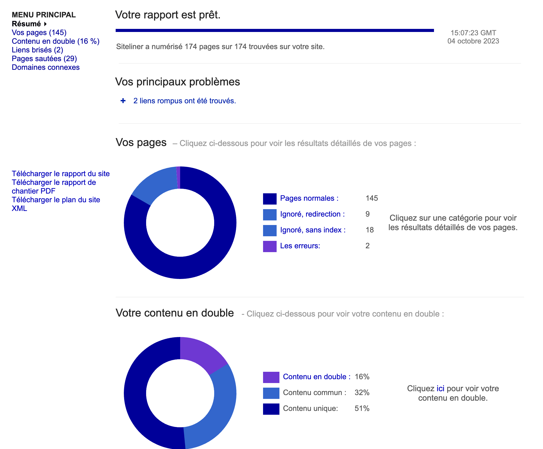 Exemples de résultats Siteliner